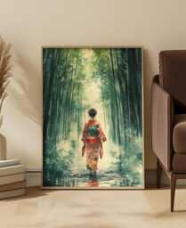 Japanese Watercolor Kimono Art Print Emerald Tranquil Bamboo Forest - thumbnail 1