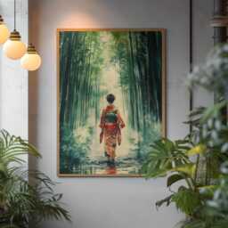 Japanese Watercolor Kimono Art Print Emerald Tranquil Bamboo Forest - thumbnail 2