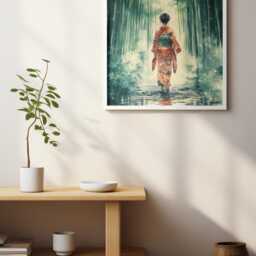 Japanese Watercolor Kimono Art Print Emerald Tranquil Bamboo Forest - thumbnail 3