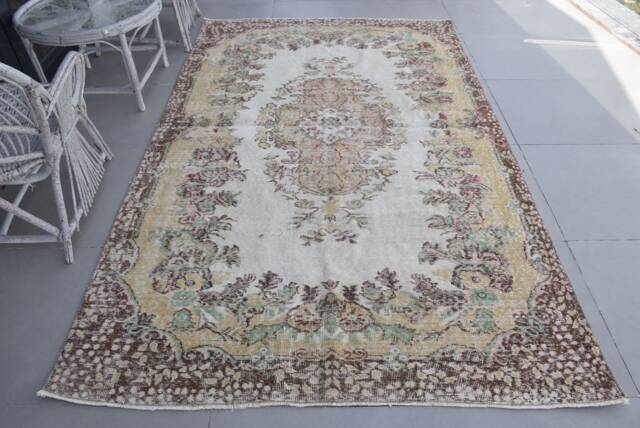 Antique Rug, Rugs For Dining Room, Vintage 6.3x8.7 Ft Large Brown Moroccan Turkish Organic Living Room - image 1