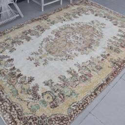 Antique Rug, Rugs For Dining Room, Vintage 6.3x8.7 Ft Large Brown Moroccan Turkish Organic Living Room - thumbnail 2