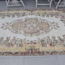 Antique Rug, Rugs For Dining Room, Vintage 6.3x8.7 Ft Large Brown Moroccan Turkish Organic Living Room - thumbnail 3