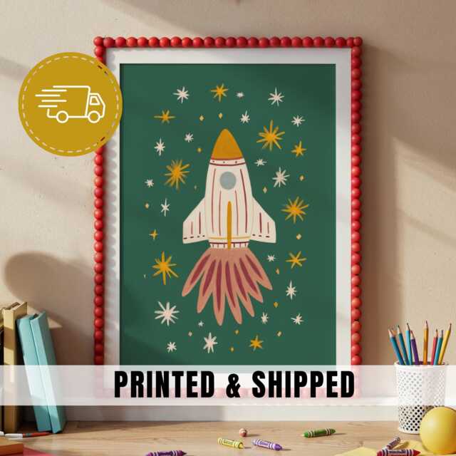 Whimsical Rocket Nursery Wall Art Printable Space Illustration For Kids Room Green Playroom Decor Toddler Baby Shower Gift - 99 - image 1
