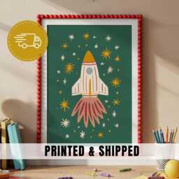 Whimsical Rocket Nursery Wall Art Printable Space Illustration For Kids Room Green Playroom Decor Toddler Baby Shower Gift - 99 - thumbnail 1