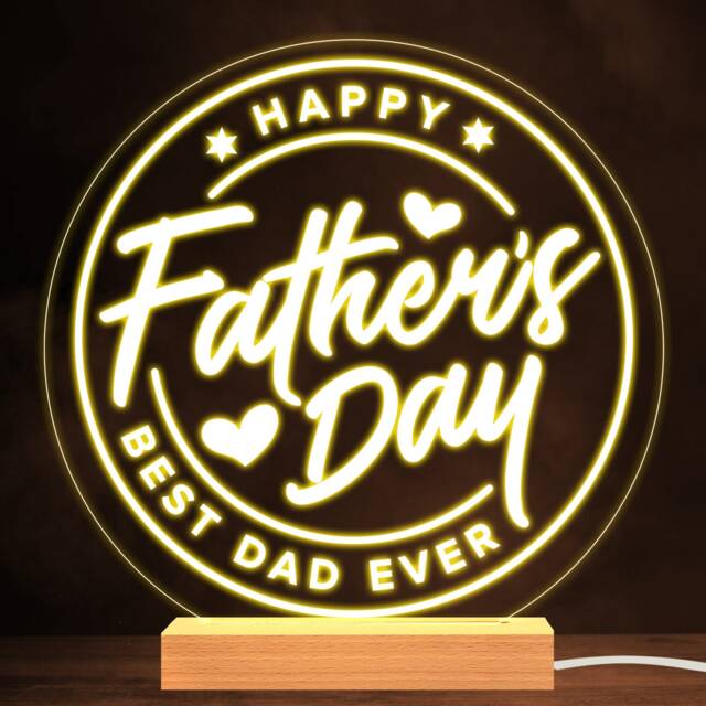 Happy Father's Day Round Hearts Best Dad Ever Personalised White Night Light - Gift Bedroom Lamp - image 1