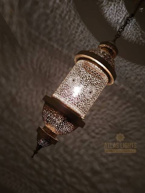 Vintage Moroccan Brass Pendant Light Handmade Art Deco Chandelier - image 1