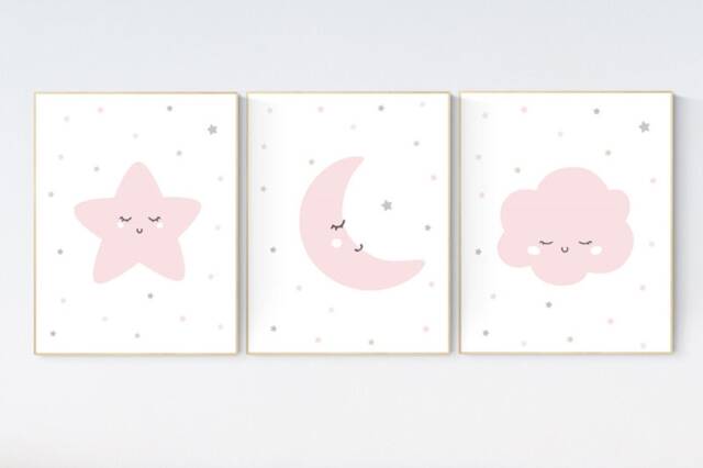 Pink & Grey Nursery Wall Art Moon, Star, Cloud Print - image 1
