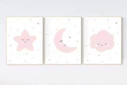 Pink & Grey Nursery Wall Art Moon, Star, Cloud Print - thumbnail 1