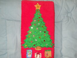 Appliqued Christmas Tree Hand Towel Red Cotton Holiday Decor