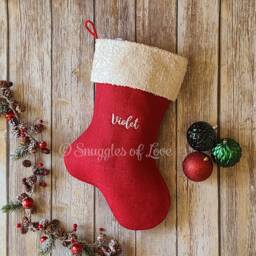 Red Burlap Christmas Stocking Handmade Country Style With Satin Cuff - thumbnail 2