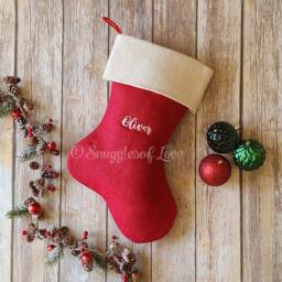 Red Burlap Christmas Stocking Handmade Country Style With Satin Cuff - thumbnail 3