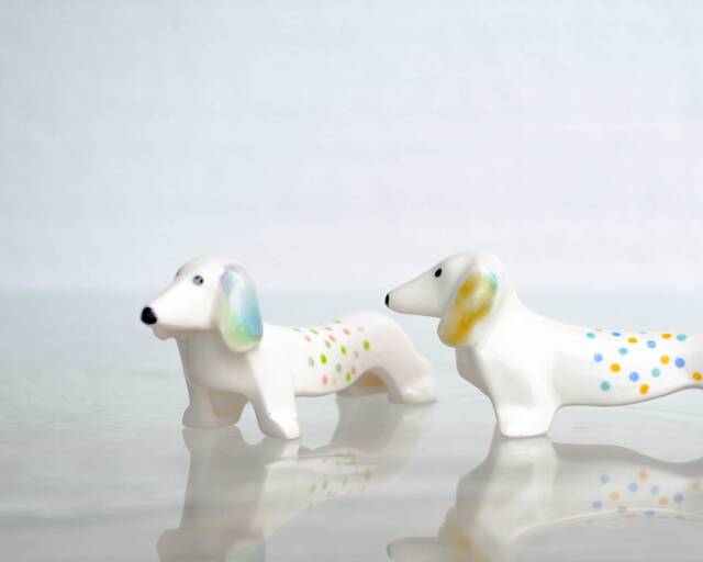 Handpainted Porcelain Dachshund Figurine, Polka Dot Decor - image 1