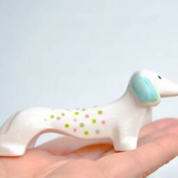 Handpainted Porcelain Dachshund Figurine, Polka Dot Decor - thumbnail 2