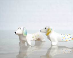 Handpainted Porcelain Dachshund Figurine, Polka Dot Decor - thumbnail 1