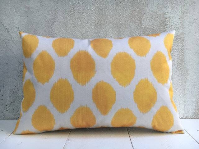 Silk Blend Ikat Pillow Cover, Yellow & White Lumbar Cushion - 16x24 - image 1