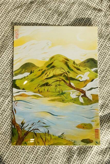 Chinese Landscape Illustration Print - Egret Birds, Nature Art - A4 Size - image 1