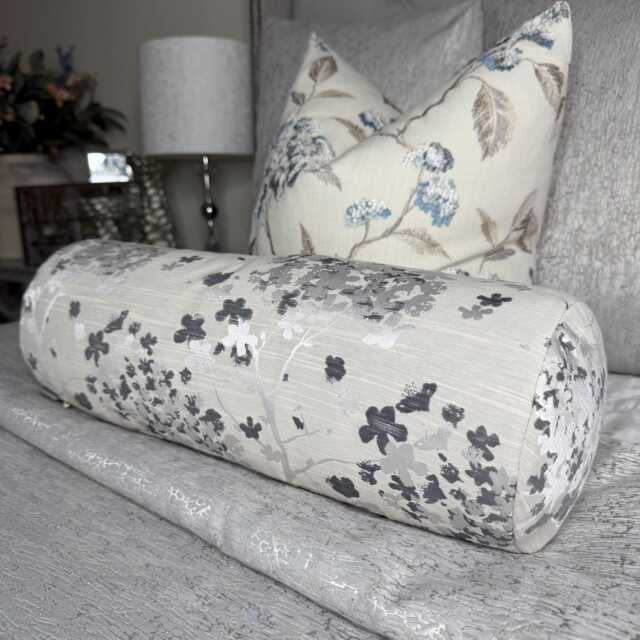 "Darcey Floral Cushion, Decorative Pillow For Sofa Or Bed, Silver Grey Bedroom Accent Cushion 16"" X 6" - image 1