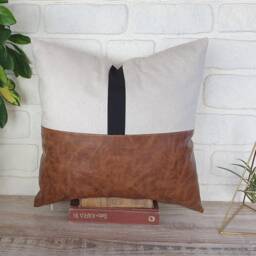 Color Block Pillow Cover Black, Brown Faux Leather & Linen - thumbnail 3