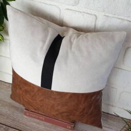Color Block Pillow Cover Black, Brown Faux Leather & Linen - thumbnail 2