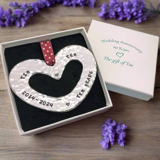 10Th Anniversary Gift. Petite Heart Wall Hanging Stamped 2015-2025. Tin Anniversary. 10 Years Gift - image 1