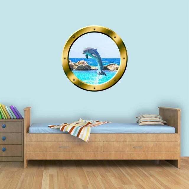 Dolphin 3D Porthole Vinyl Wall Decal Peel & Stick Mural Porpoise Gold Art Portal Gp30 - image 1