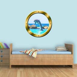 Dolphin 3D Porthole Vinyl Wall Decal Peel & Stick Mural Porpoise Gold Art Portal Gp30 - thumbnail 1