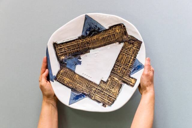 "Handmade Ceramic Wall Sculpture, ""Golden Dimensions"