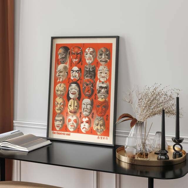 Noh Theatre Masks Lithograph Wall Art Japanese Mask Print Home Decor Red Grey Illustration Style - image 1