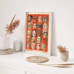 Noh Theatre Masks Lithograph Wall Art Japanese Mask Print Home Decor Red Grey Illustration Style - thumbnail 2