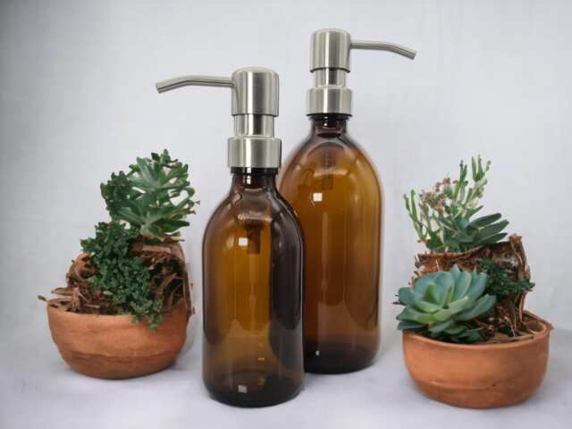 Refillable Brown Glass Soap Dispenser Bottles - 250Ml/500Ml Brushed Steel Metal Pump For Shampoo, Body Wash, Conditioner - image 1