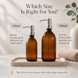 Refillable Brown Glass Soap Dispenser Bottles - 250Ml/500Ml Brushed Steel Metal Pump For Shampoo, Body Wash, Conditioner - thumbnail 2