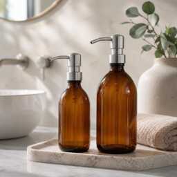 Refillable Brown Glass Soap Dispenser Bottles - 250Ml/500Ml Brushed Steel Metal Pump For Shampoo, Body Wash, Conditioner