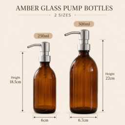 Refillable Brown Glass Soap Dispenser Bottles - 250Ml/500Ml Brushed Steel Metal Pump For Shampoo, Body Wash, Conditioner - thumbnail 3