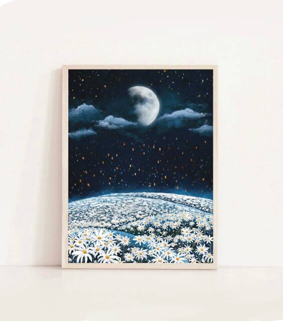 A3 A4 A5 Original Art Print - Moon Daisy Field Flowers Landscape Art White Flower Poster Botanical Floral - image 1