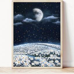 A3 A4 A5 Original Art Print - Moon Daisy Field Flowers Landscape Art White Flower Poster Botanical Floral - thumbnail 3