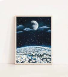A3 A4 A5 Original Art Print - Moon Daisy Field Flowers Landscape Art White Flower Poster Botanical Floral