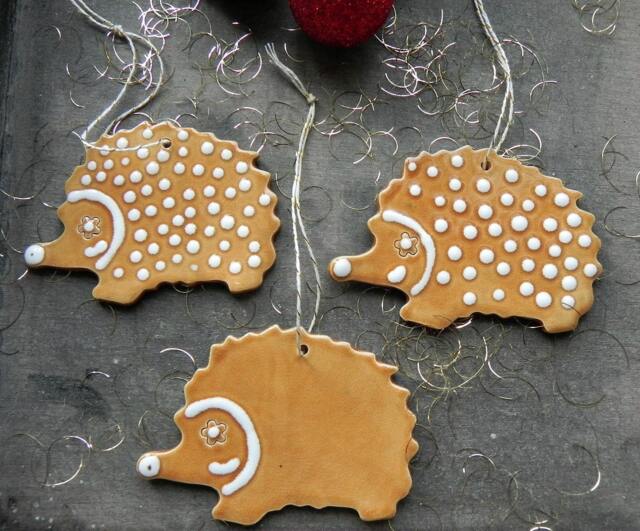 Hedgehog Ceramic Christmas Ornaments, Woodland X-Mas Home Decor Gifts, 3 Country Rustic Christmas, Pottery Animals - image 1