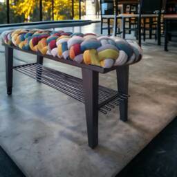 Black Metal Entryway Bench With Woven Knot Cushion & Shoe Rack