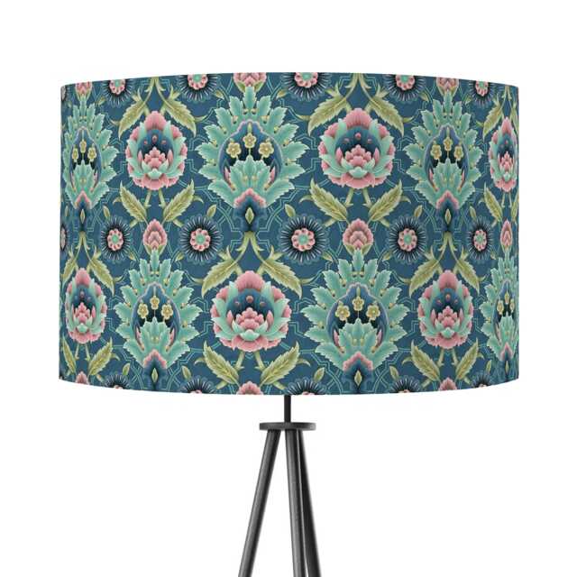 Muhtesem Blue Green Pink Floral Turkish Pattern Print Velvet Lampshade 25cm 30cm 35cm 40cm 45cm -Drum Lamp Shade Handmade Decor Ceiling - image 1