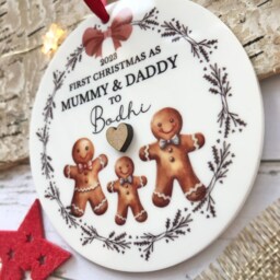 2025 Personalised First Christmas As Mummy & Daddy, Girl Boy Option, Acrylic Tree Decoration With Gift Bag - thumbnail 3