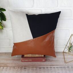 Cognac Faux Leather -Black - Natural Linen Fabric Diagonal Design Pillow Cover/Housewarming Gift-1Pcs - thumbnail 3