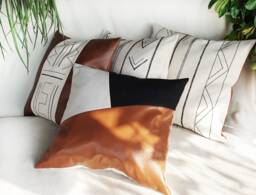 Cognac Faux Leather -Black - Natural Linen Fabric Diagonal Design Pillow Cover/Housewarming Gift-1Pcs - thumbnail 1