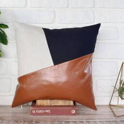 Cognac Faux Leather -Black - Natural Linen Fabric Diagonal Design Pillow Cover/Housewarming Gift-1Pcs - thumbnail 2