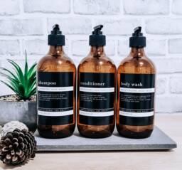 Glass Soap Dispenser W Modern Minimalist Waterproof Labels // Amber Glass 500Ml//Refillable//Bathroom Decor//Housewarming Gifts - thumbnail 1