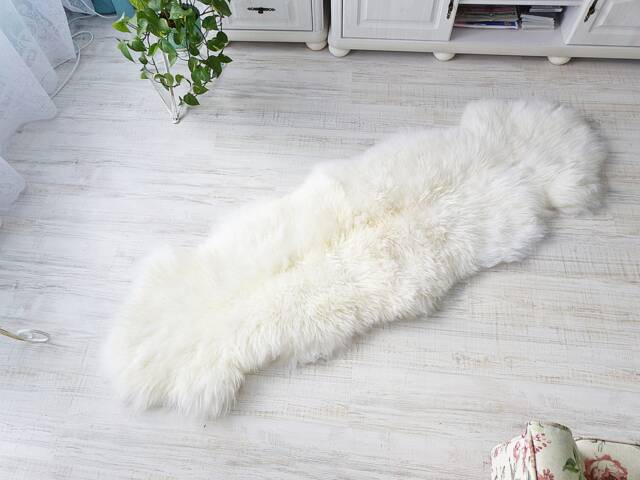 White Double Sheepskin Rug, Natural Lambskin Runner, Rustic Bedspread - image 1