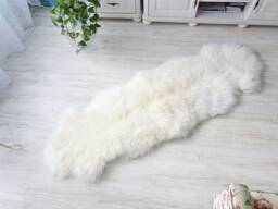 White Double Sheepskin Rug, Natural Lambskin Runner, Rustic Bedspread - thumbnail 1