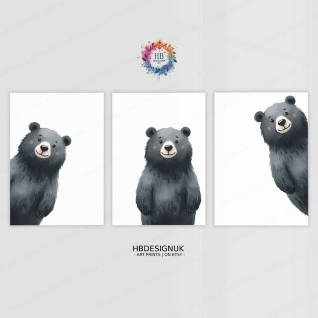 Peeking Black Bear Prints - Set Of 3 Nursery Posters - Animal Playroom Decor Gender Neutral Baby Wall Art Peekaboo Poster Print A3/A4 - image 1