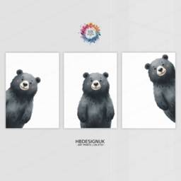 Peeking Black Bear Prints - Set Of 3 Nursery Posters - Animal Playroom Decor Gender Neutral Baby Wall Art Peekaboo Poster Print A3/A4 - thumbnail 1