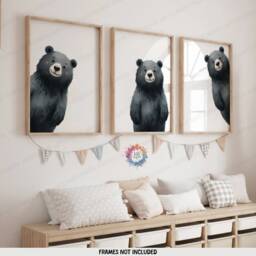Peeking Black Bear Prints - Set Of 3 Nursery Posters - Animal Playroom Decor Gender Neutral Baby Wall Art Peekaboo Poster Print A3/A4 - thumbnail 2