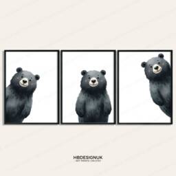 Peeking Black Bear Prints - Set Of 3 Nursery Posters - Animal Playroom Decor Gender Neutral Baby Wall Art Peekaboo Poster Print A3/A4 - thumbnail 3